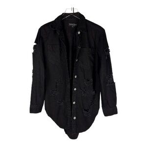 Thrill Jeans Ripped Distressed Black Denim Button-Up Shacket